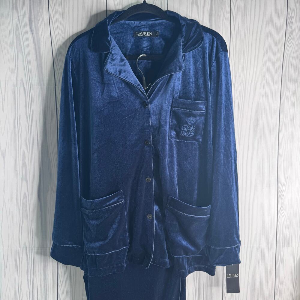Lauren Ralph Lauren Women's Velvet Notched-Collar Pajama Set Navy Size XL New